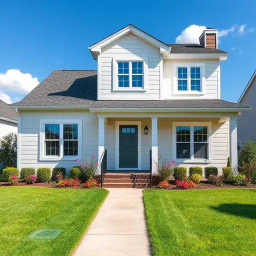 Freshly painted modern home in Hopewell VA with vibrant colors, manicured landscaping, blue sky and inviting pathway.