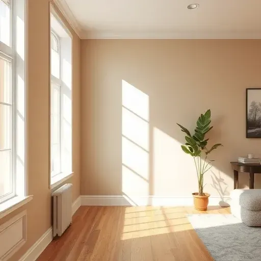 Freshly painted beige and taupe interior wall in Chesterfield VA featuring smooth surfaces, natural light, and polished hardwood flooring