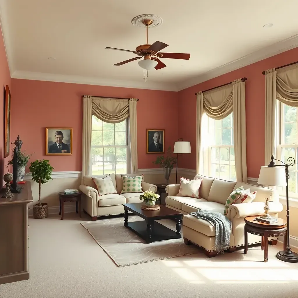 Beautiful Moseley, VA interior with warm taupe walls, polished hardwood floors, crown molding, and lush greenery outside.