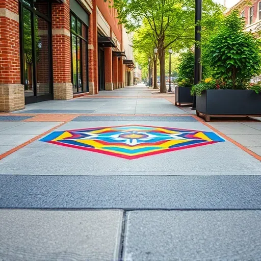 Freshly painted vibrant geometric sidewalk art on Richmond VA city pavement with bold colors and precise lines