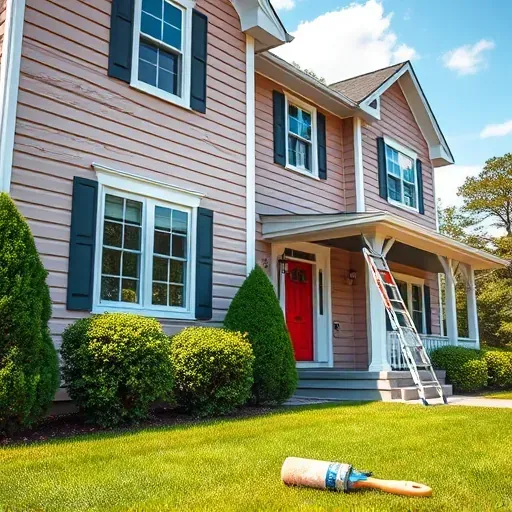 Freshly painted house exterior in Richmond Virginia with vibrant colors, flawless siding, lush lawn, and painting tools visible
