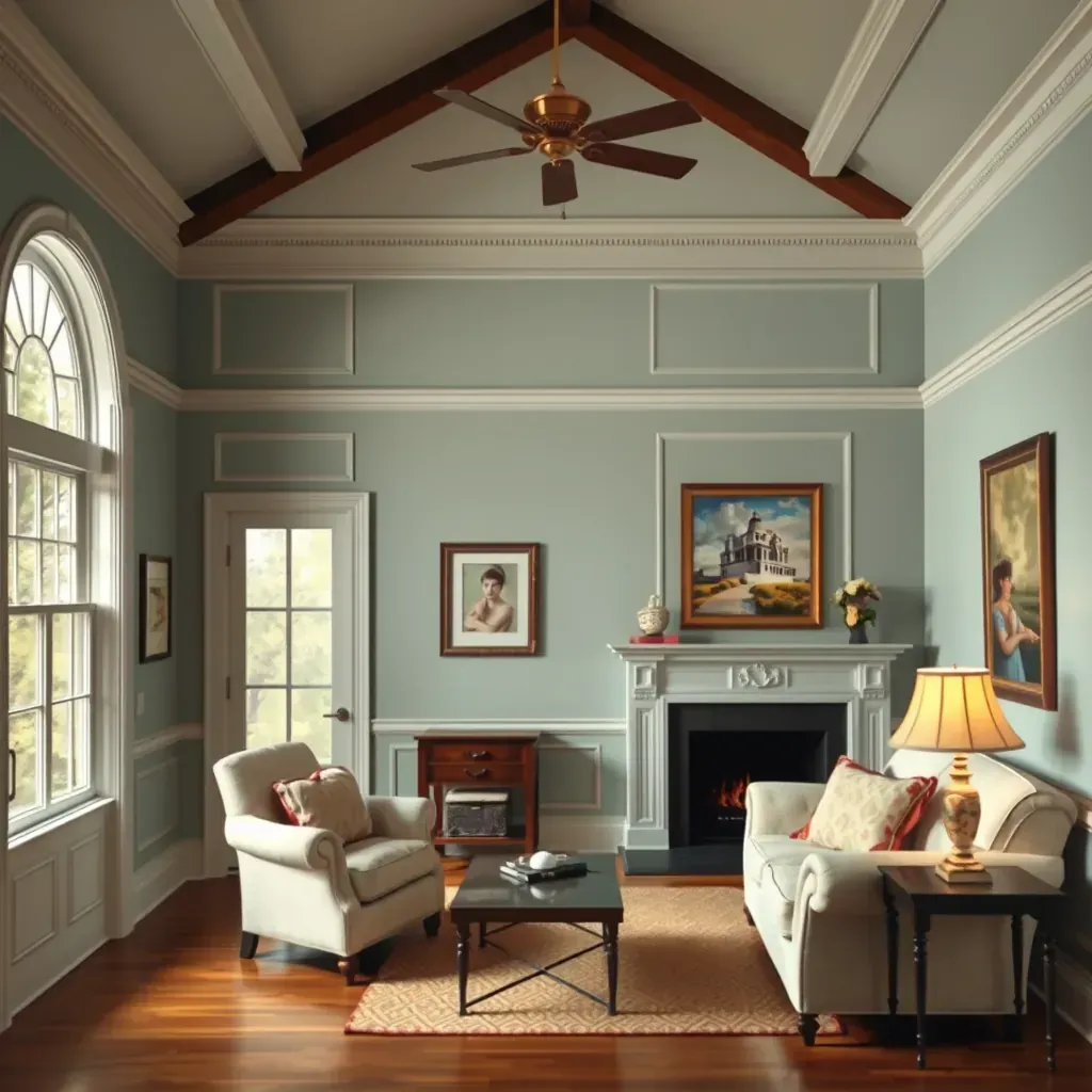 Spacious modern living room in Innsbrook, VA, with neutral walls, white trim, large windows, and stylish furniture.