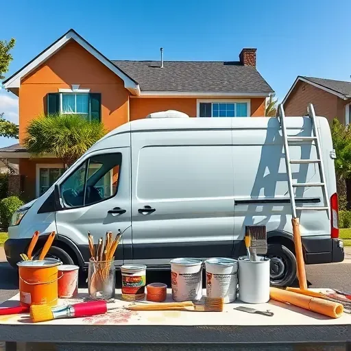 Painting contractor's workspace in Atlee, VA: modern van, tools, painted home, lush greenery, sunny suburban scene.