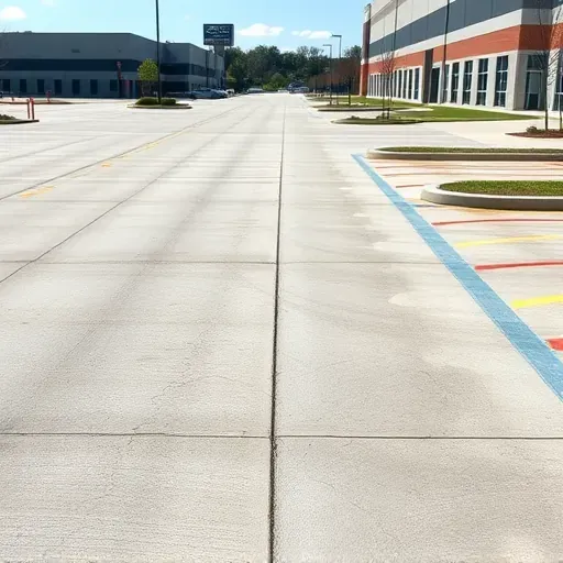 Concrete parking lot with vibrant painted lines, showing texture, surrounding buildings, greenery, and clear daylight setting