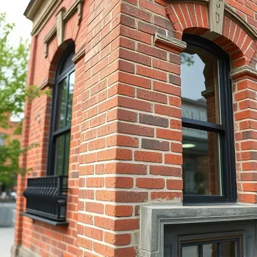 Freshly painted vibrant brick wall on historic Richmond building with detailed textures and classic architecture background