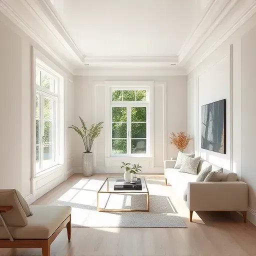 Modern living room interior with neutral painted walls, crown molding, minimalist furniture, natural light, and lush outdoor view
