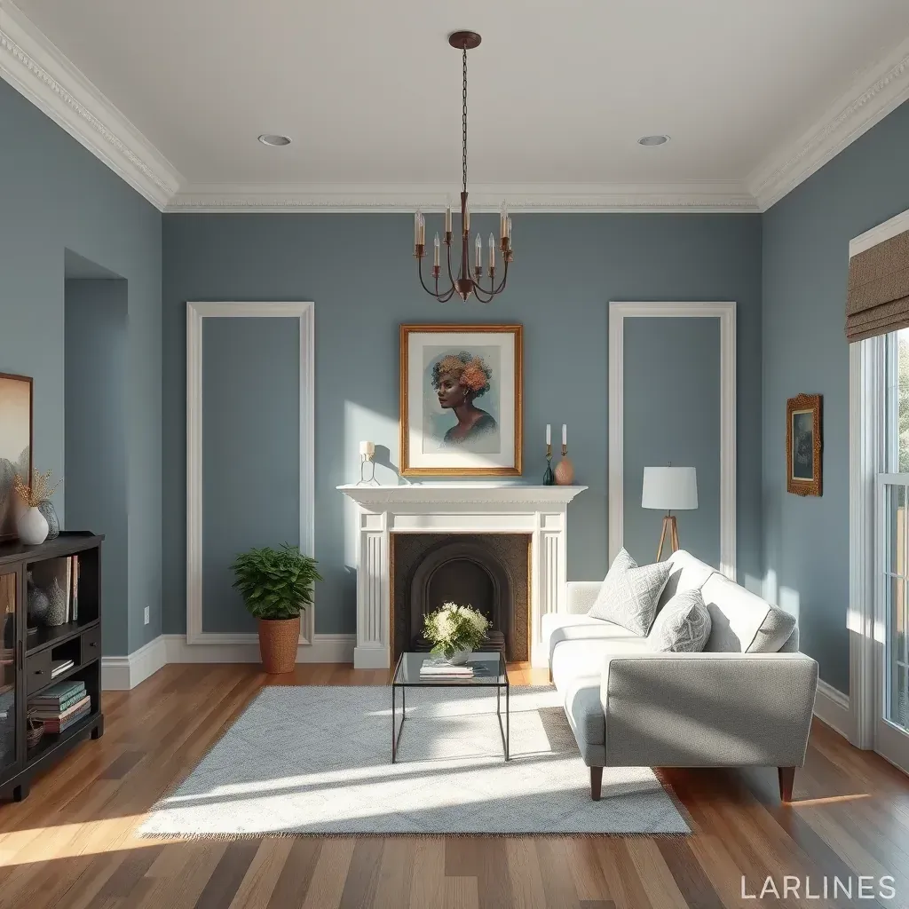 Interior living room in Henrico, VA, with freshly painted warm neutral walls, high ceilings, large windows, modern furniture, and decorative molding.