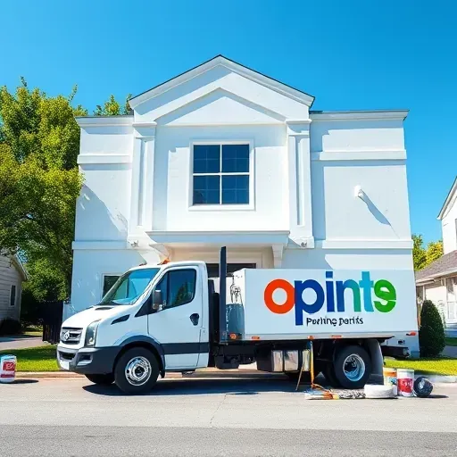 Exterior of a professional Midlothian, VA painting contractor's business with a freshly painted building, branded truck, and supplies.