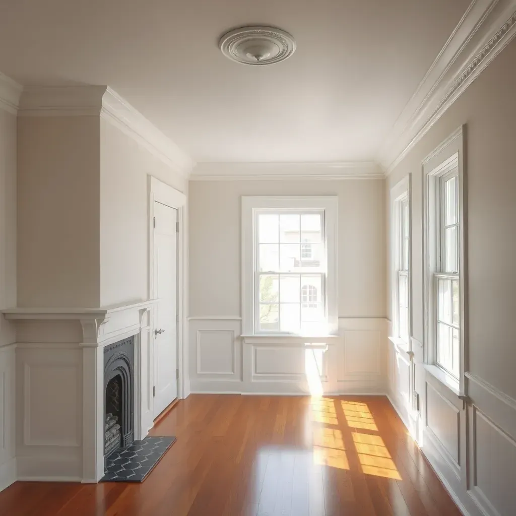Restored Powhatan home interior with beige walls, natural light, wooden floors, crown molding, and painting tools.