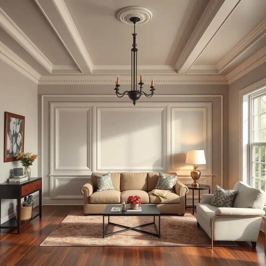 Spacious Richmond living room with warm beige walls, wooden trim, large windows, and painting tools, showcasing expert interior painting.