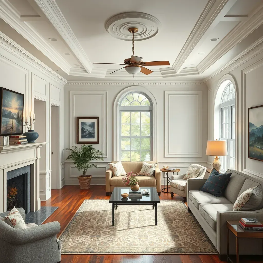Modern living room in Bellwood, VA with light gray painted walls, large windows with white blinds, and stylish furniture.