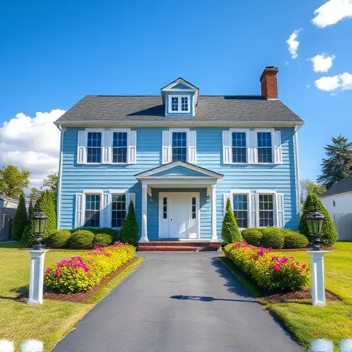 Beautifully painted colonial home in Glenburnie VA with soft blue paint, vibrant landscaping, and a clear sky.
