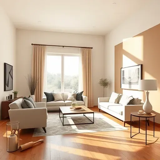 Freshly painted modern beige and taupe living room with natural light, stylish furniture, polished hardwood, and clean design