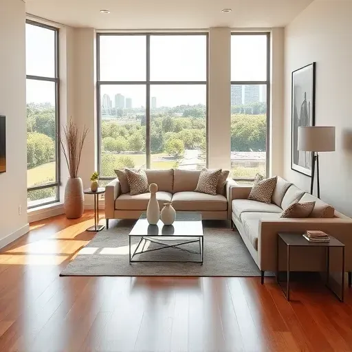 Modern Richmond living room with neutral walls, large windows, city skyline views, polished hardwood floors, stylish furniture and decor