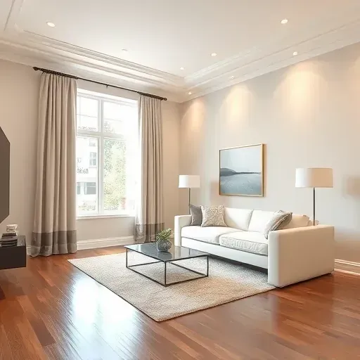 Interior of a freshly painted modern living room in Innsbrook VA with neutral walls, crown molding, sofa, hardwood floor, and elegant decor