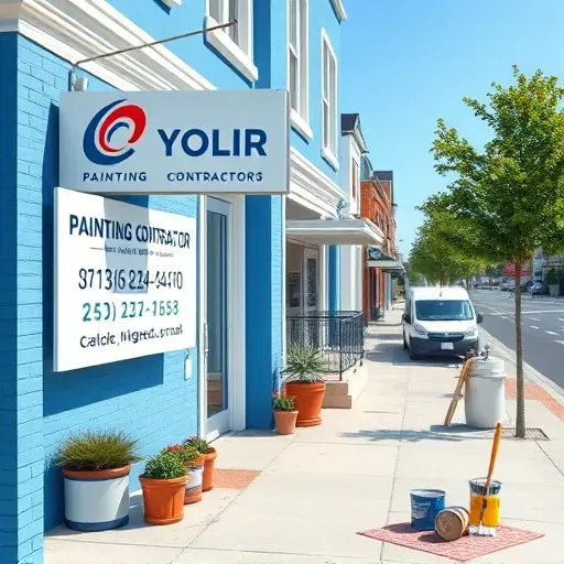 Providence Forge VA painting contractor's office with vibrant blue and white exterior, landscaped sidewalk, and parked company vehicle.