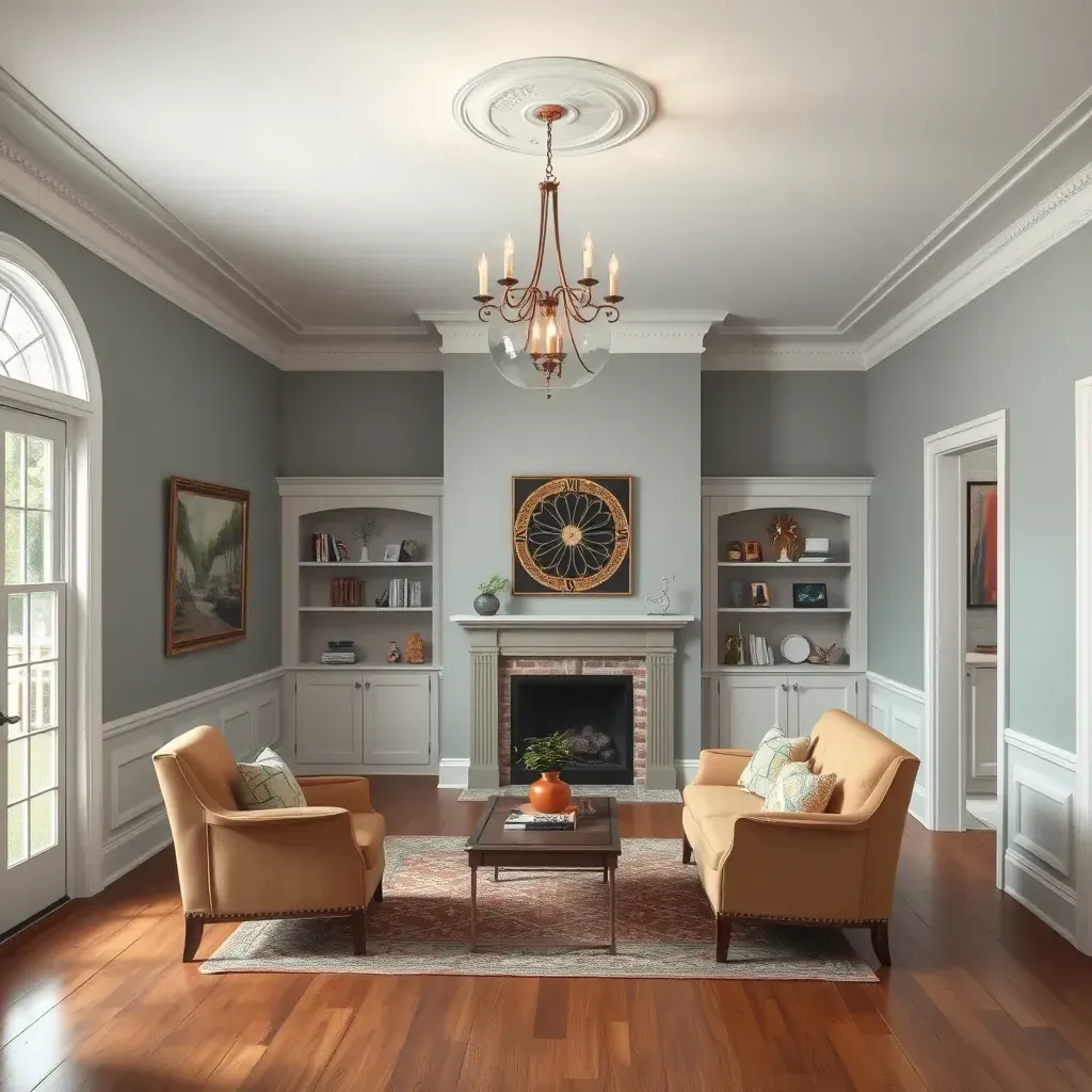 Spacious Moseley, VA living room with beige walls, white trim, hardwood floor, sunlight, and stylish furniture.