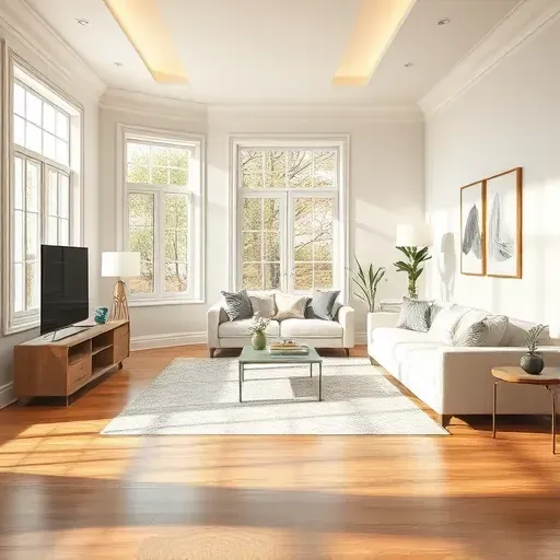 Freshly painted living room in Richmond VA with modern decor, natural light, hardwood floors, and minimalistic wall art.