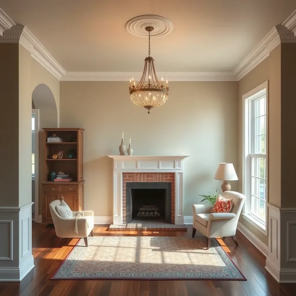 Interior living room in Atlee VA with freshly painted neutral walls, white crown molding, natural sunlight, and painting tools.