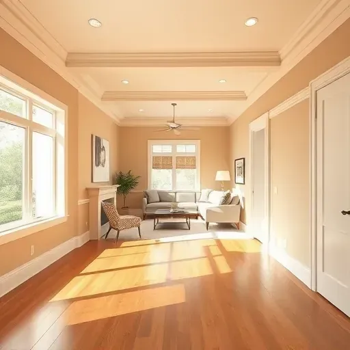 Finished living room interior in Petersburg VA with smooth painted walls, crown molding, hardwood floors, natural light, and modern decor