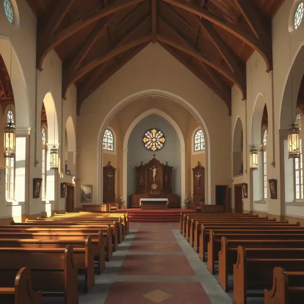 Historic Richmond church with Gothic architecture, stained glass windows, tall steeples, weathered brick, and lush green surroundings.