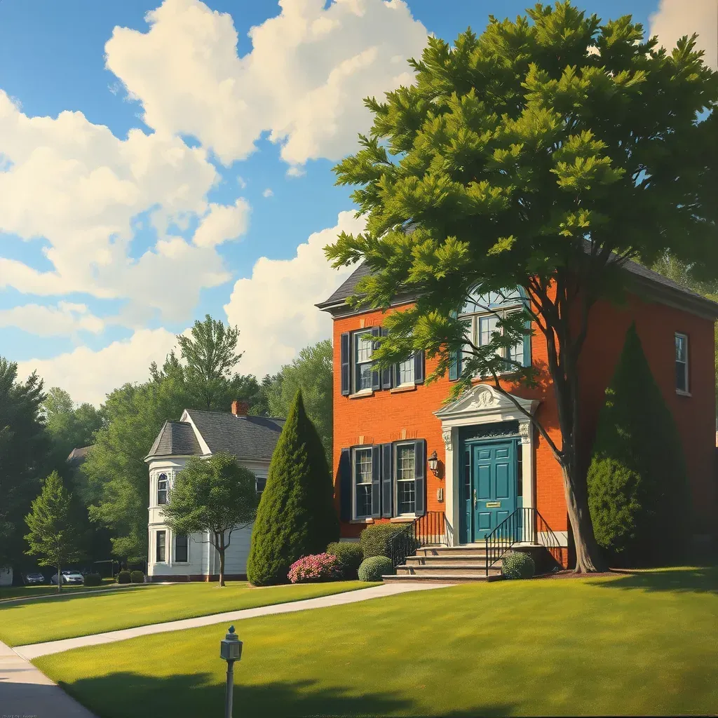 A serene street scene in Bensley, VA, featuring historic buildings, lush greenery, and a peaceful atmosphere.