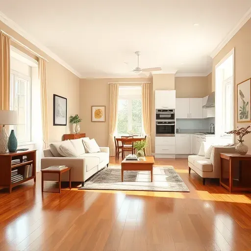 Beautiful Lakeside, VA living room with beige walls, white crown molding, hardwood floors, modern furniture, and open-concept kitchen.