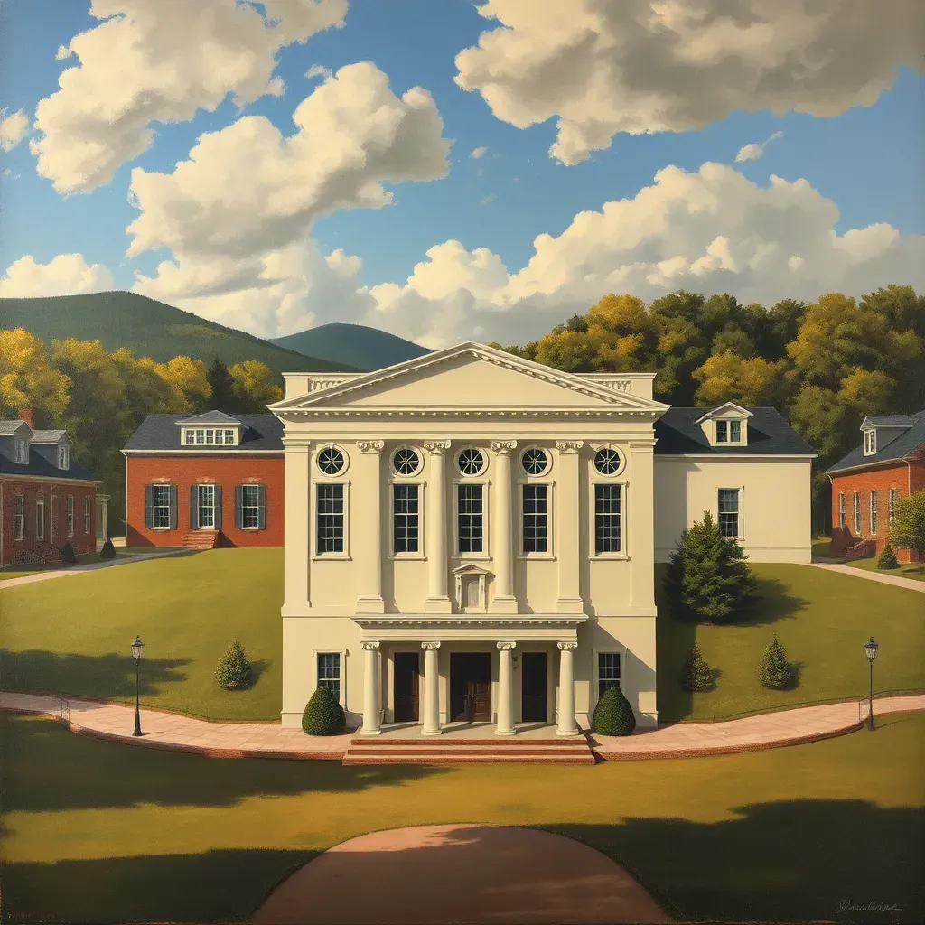 Historic Montpelier estate in Virginia, featuring a neoclassical mansion, lush gardens, trees, and a peaceful pond.