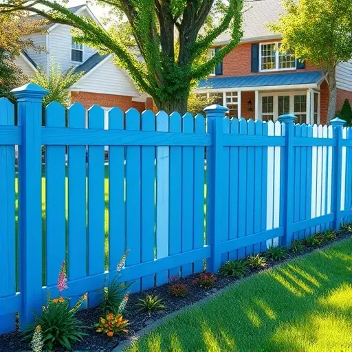 Freshly painted blue and white wooden fence in a lush garden with trees, flowers, patio, and cozy house in Richmond VA