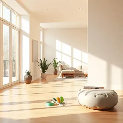 Freshly painted neutral interior room in Ashland VA with flawless walls, natural light, painter’s tools, and stylish decor