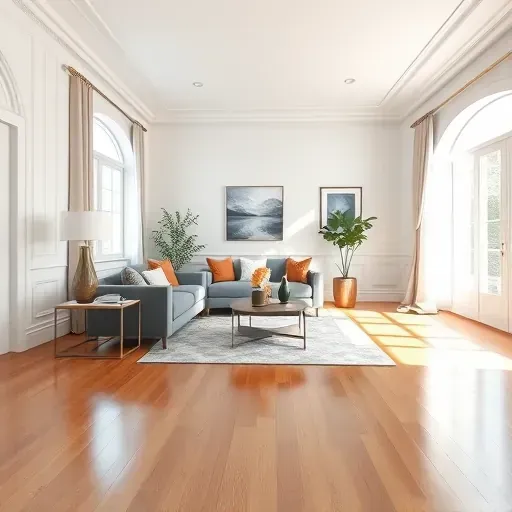 Spacious Powhatan VA living room with white walls, modern decor, hardwood floors, large windows, and elegant molding