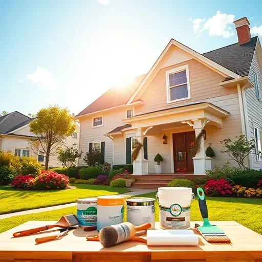 Charming suburban home in Short Pump VA with warm beige paint, white trim, and vibrant flowerbeds in golden sunlight.