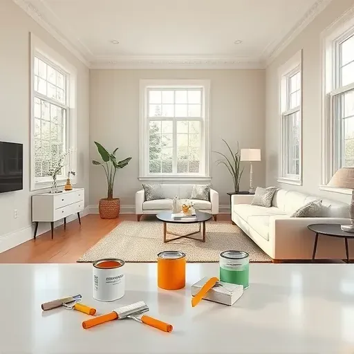 Freshly painted, neutral-toned living room in Glenburnie, VA with natural light, professional tools, and elegant decor.