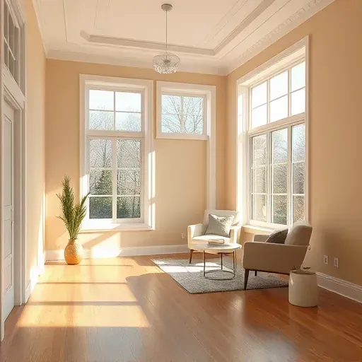 Bright, freshly painted neutral interior with natural light, modern decor, hardwood floor, and peaceful outdoor view.