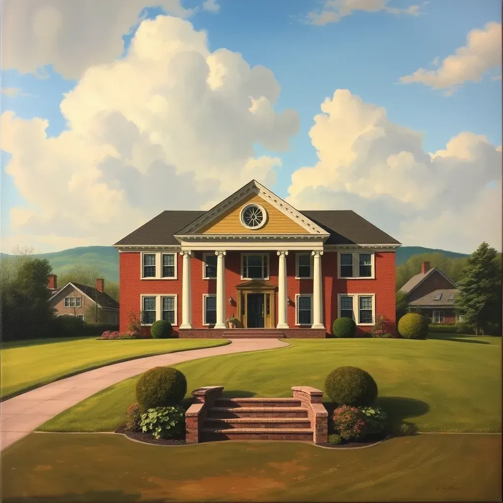 Detailed painting of Dumbarton, VA with historic buildings, lush greenery, and a peaceful town atmosphere.