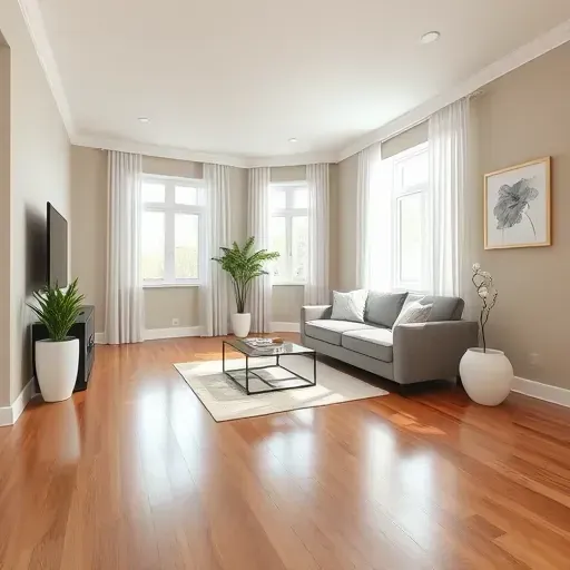 Modern Glenburnie living room with neutral taupe walls, hardwood floors, contemporary furniture, and elegant decor.