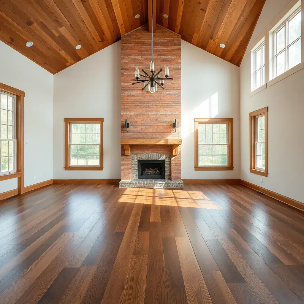 Close-up of a freshly stained wooden deck in Richmond, VA, alongside lush trees and historic brick homes.
