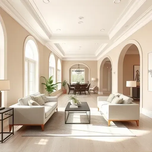 Freshly painted Richmond VA living room features smooth warm beige walls, elegant molding, and stylish furniture accents.