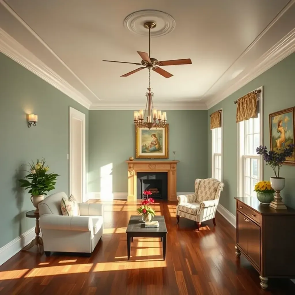 Interior living room in Wyndham, VA with freshly painted beige walls, hardwood floors, paint tools, and modern decor.