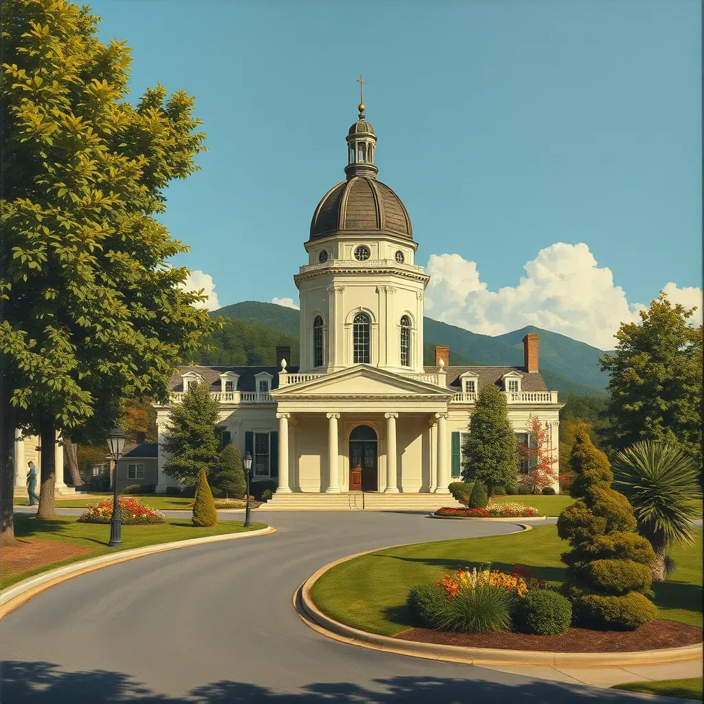 Lifelike painting of a peaceful Glenburnie, VA landscape with green fields, a historic white house, trees, and a blue sky.