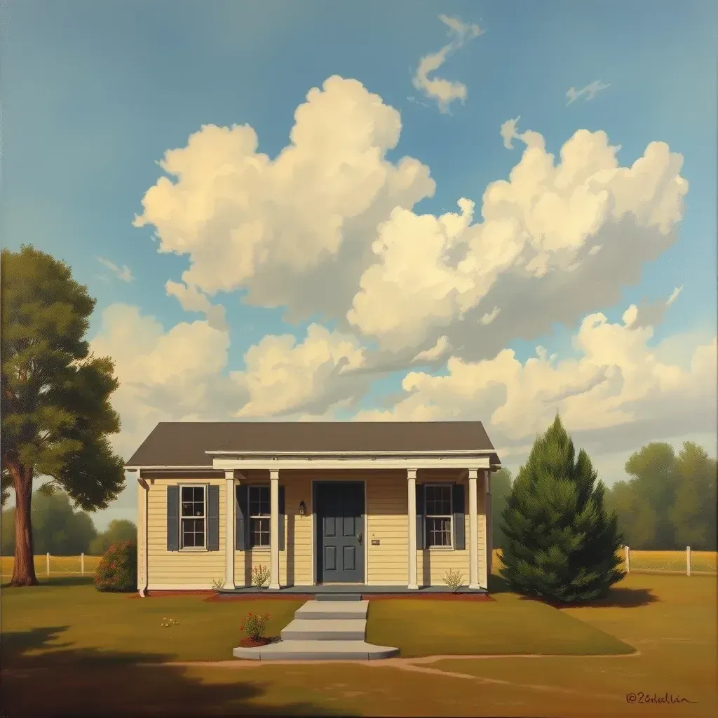 Painting of Colonial Heights VA with historic brick buildings, a park bench under an oak, and a bright sky.