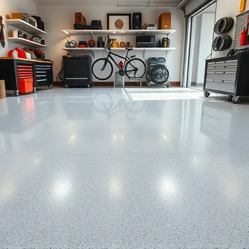 Glossy durable garage floor in a clean organized Richmond VA garage with shelves tools and modern workbench