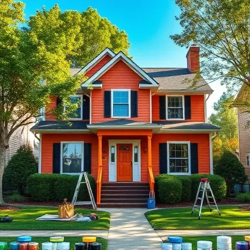 Freshly painted vibrant home exterior in Goochland, VA with organized tools, lush greenery, and bright, natural lighting.