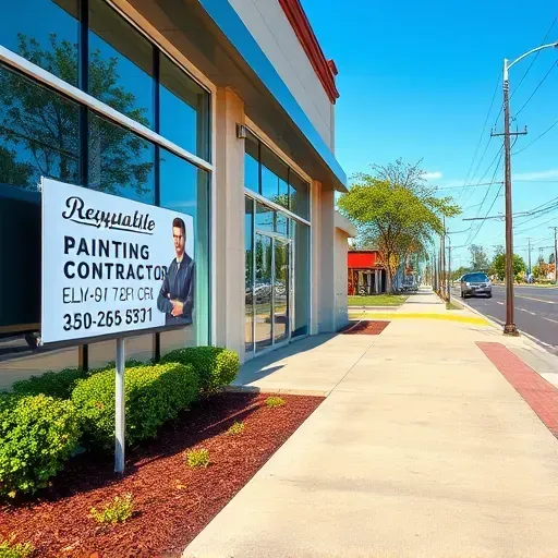 Elmont, VA painting contractor’s modern storefront with glass windows, landscaped sidewalk, and prominent logo display.