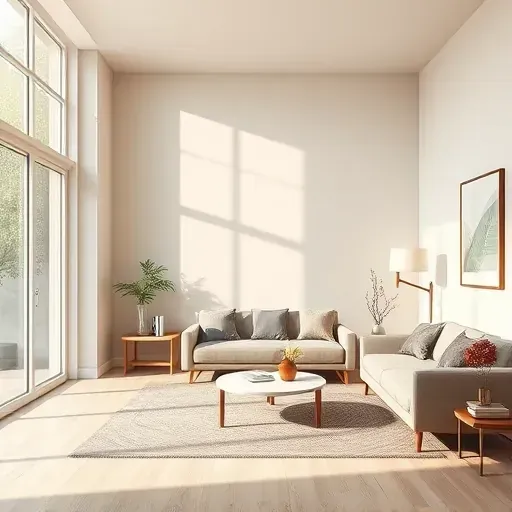 Freshly painted neutral interior wall in modern living room with natural light, sleek furniture, minimalist decor and pristine finish
