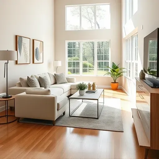 Bright interior living room in Innsbrook, VA with neutral walls, modern furniture, natural light, and stylish decor.
