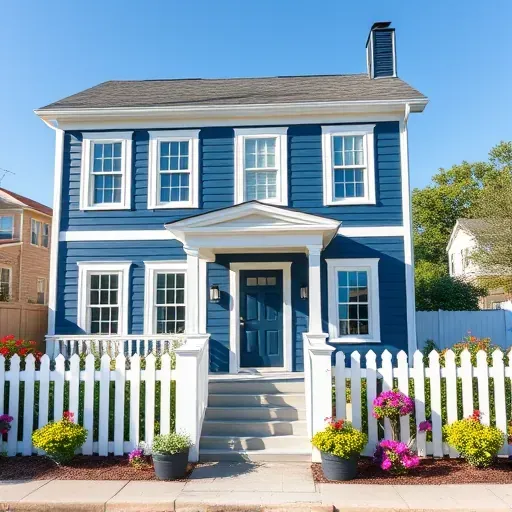Charming two-story colonial home in Montpelier VA, freshly painted deep blue with white trim and vibrant flower beds.