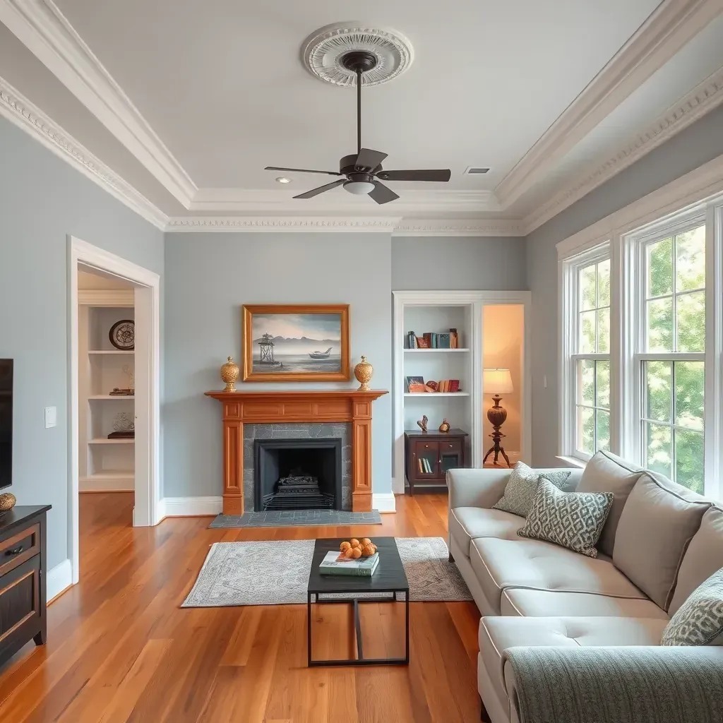 Spacious living room in Sandston, VA, with beige walls, crown molding, drop cloths, and organized painting tools.