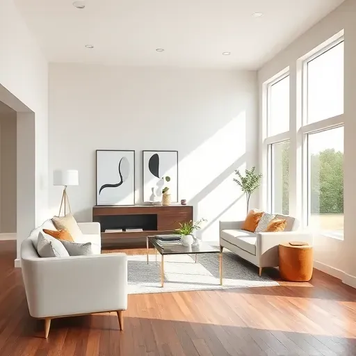Freshly painted modern living room in Elmont, VA with flawless walls, elegant decor, natural light, and rich hardwood flooring.