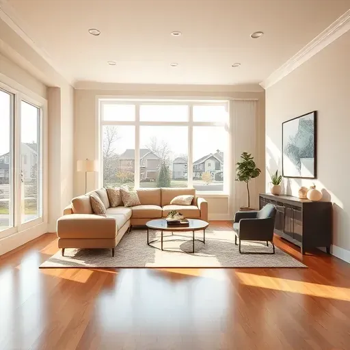 Freshly painted modern living room in Henrico VA with neutral tones, hardwood floors, stylish furniture, natural sunlight